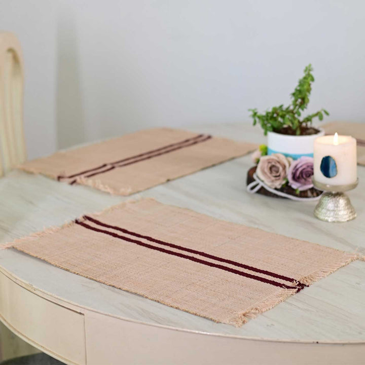 Hand Woven Double Maroon Stripped Madhurkati Table Mat | 15 x 11 inch