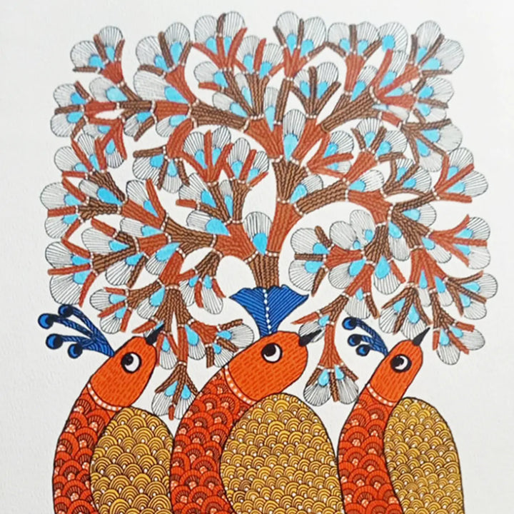 11 x 16 Inch | Birds Trio | Original Hand Painted Tribal Gond Art Painting | Acrylic Paint On Paper