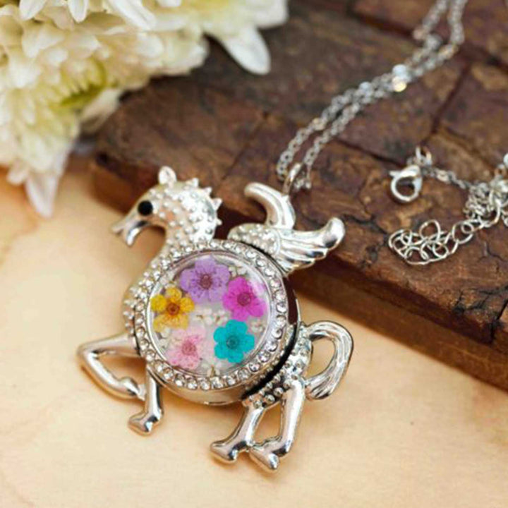 Photo Personalized Unicorn Shaped Multicolour Preserved Flower Brass Necklace With Locket