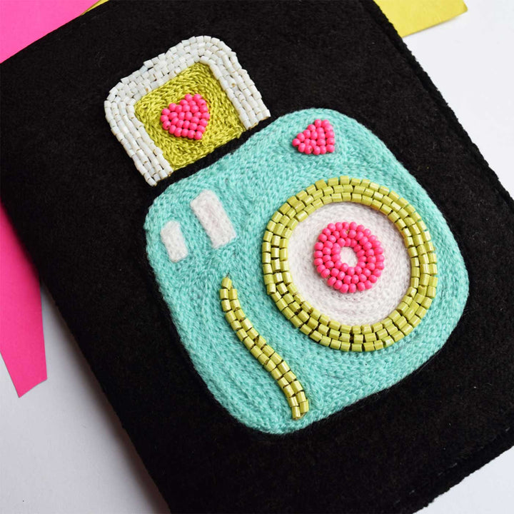 Handmade Embroidered Camera Design Velvet Passport Cover