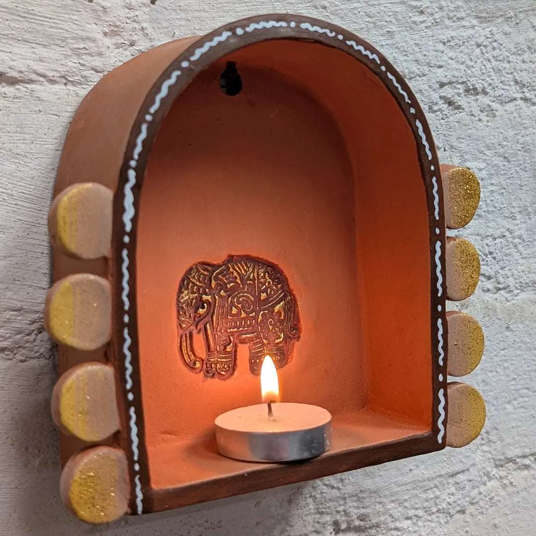 Hand-Painted Rustic Elephant Motif Terracotta Tealight Holder