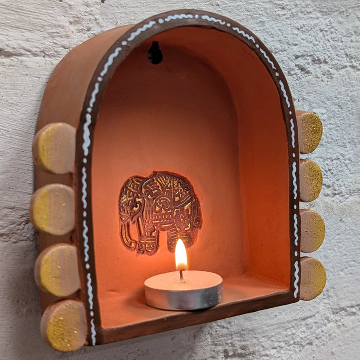 Hand-Painted Rustic Elephant Motif Terracotta Tealight Holder