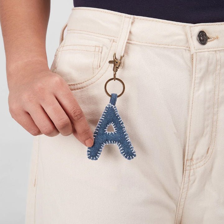 Hand Embroidered Upcycled Jeans Fabric Alphabet Charm Antique Finish Keychain