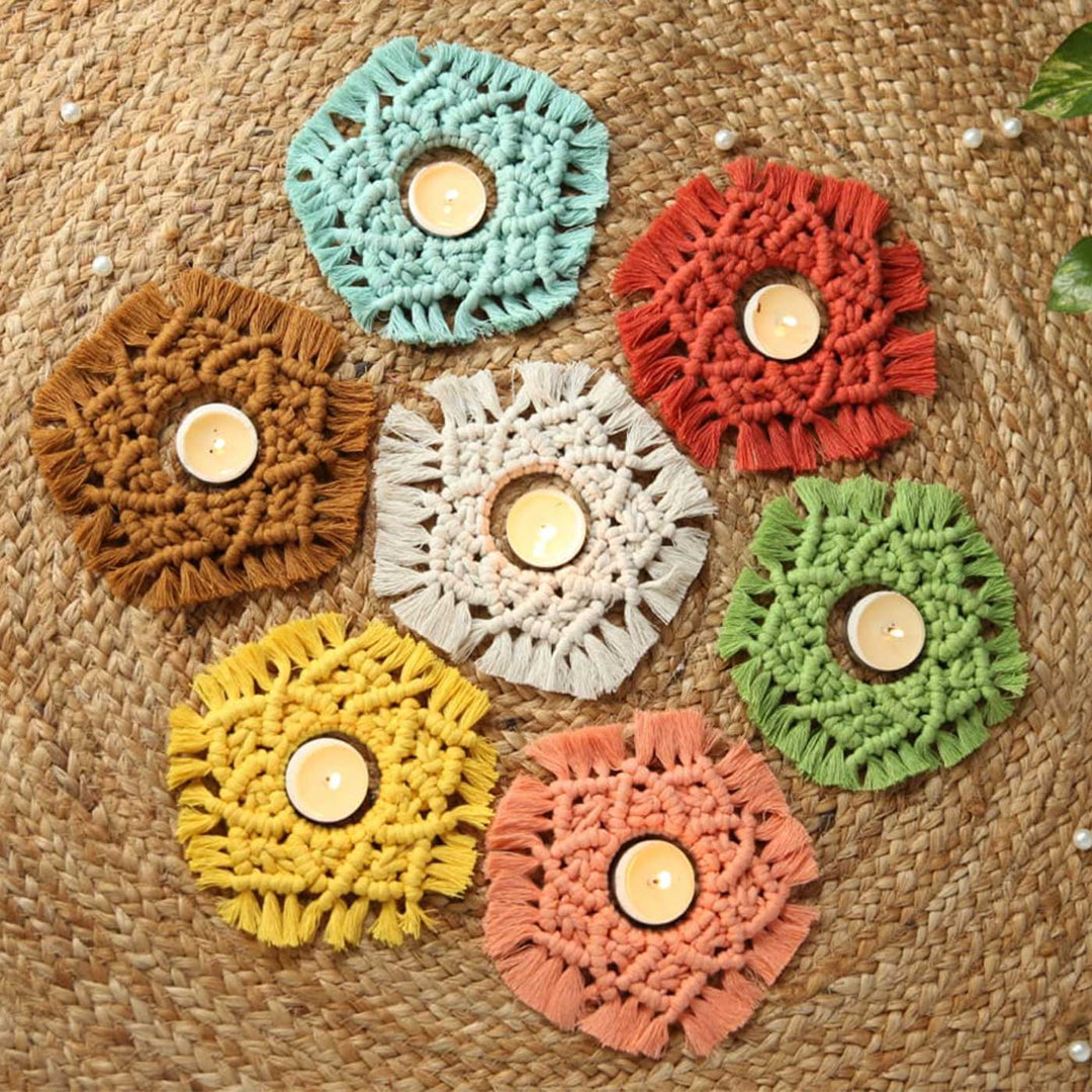 Handmade Macrame Rangoli Design Cotton Tealight Holder | Includes 7 Holders And 10 Tea Light Candles