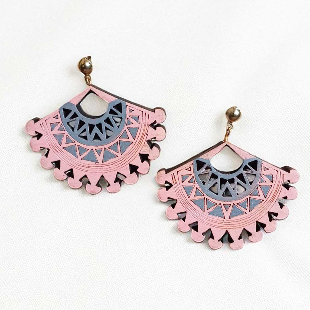 Handmade Pink Triangle Pattern Wooden Earrings