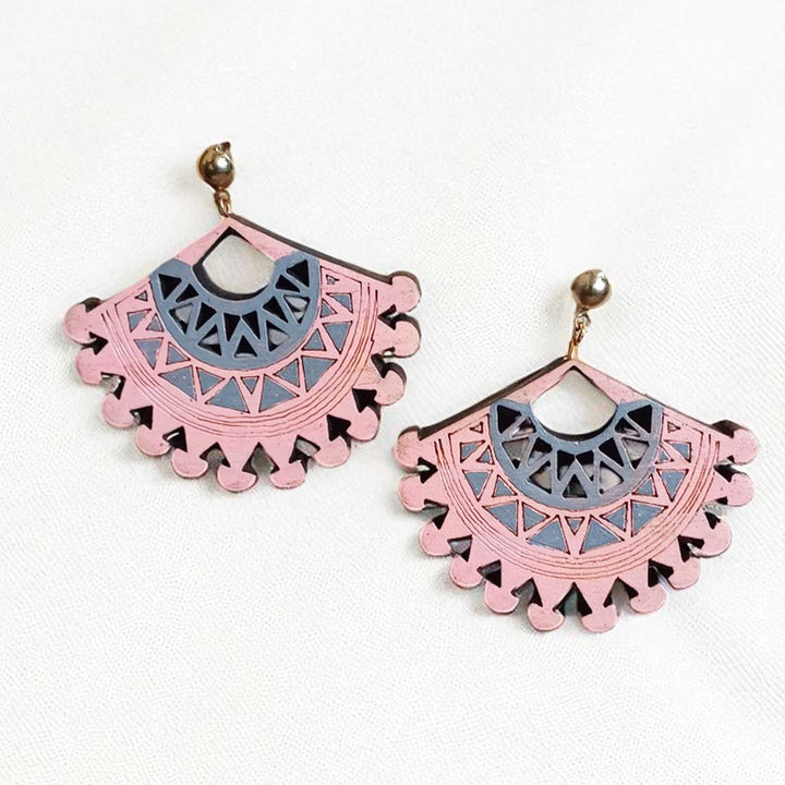 Handmade Pink Triangle Pattern Wooden Earrings