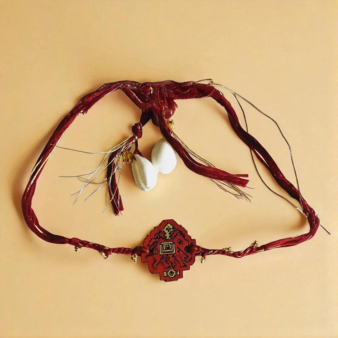 Handmade Red Elephant Ghungroo & Beads Wooden Lumba Rakhi For Bhabhi With Roli Chawal