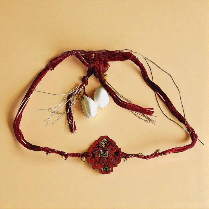Handmade Red Elephant Ghungroo & Beads Wooden Lumba Rakhi For Bhabhi With Roli Chawal