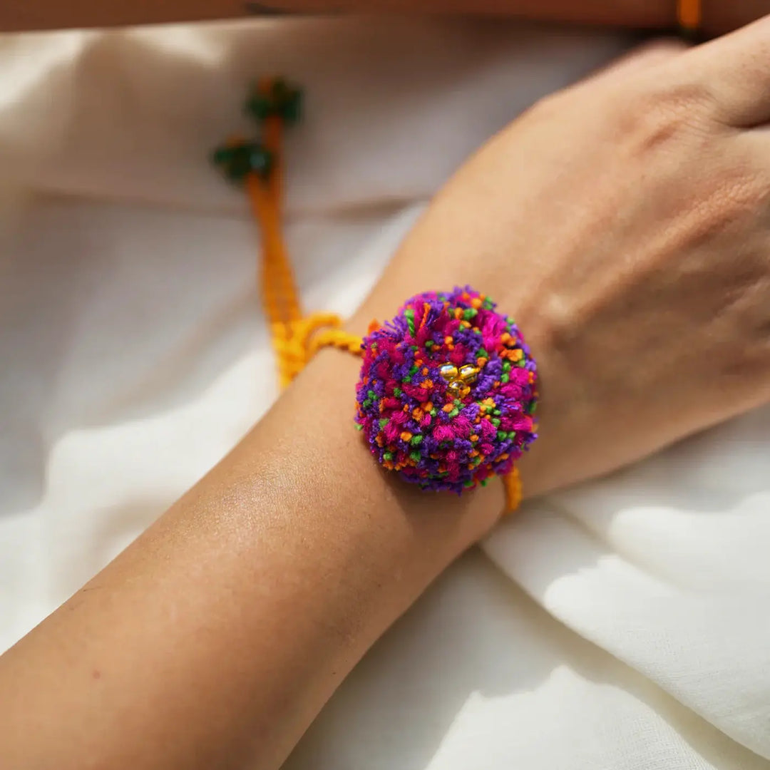 2 pc Rakhi + Brass Thali Set | Premium Barfi Beads & Pom Pom Rakhi Set with Roli Chawal