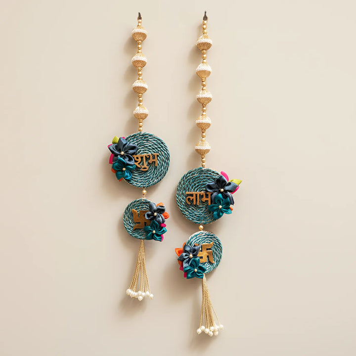 Handmade Beaded Reversible Floral Shubh Labh Hangings | Set Of 2