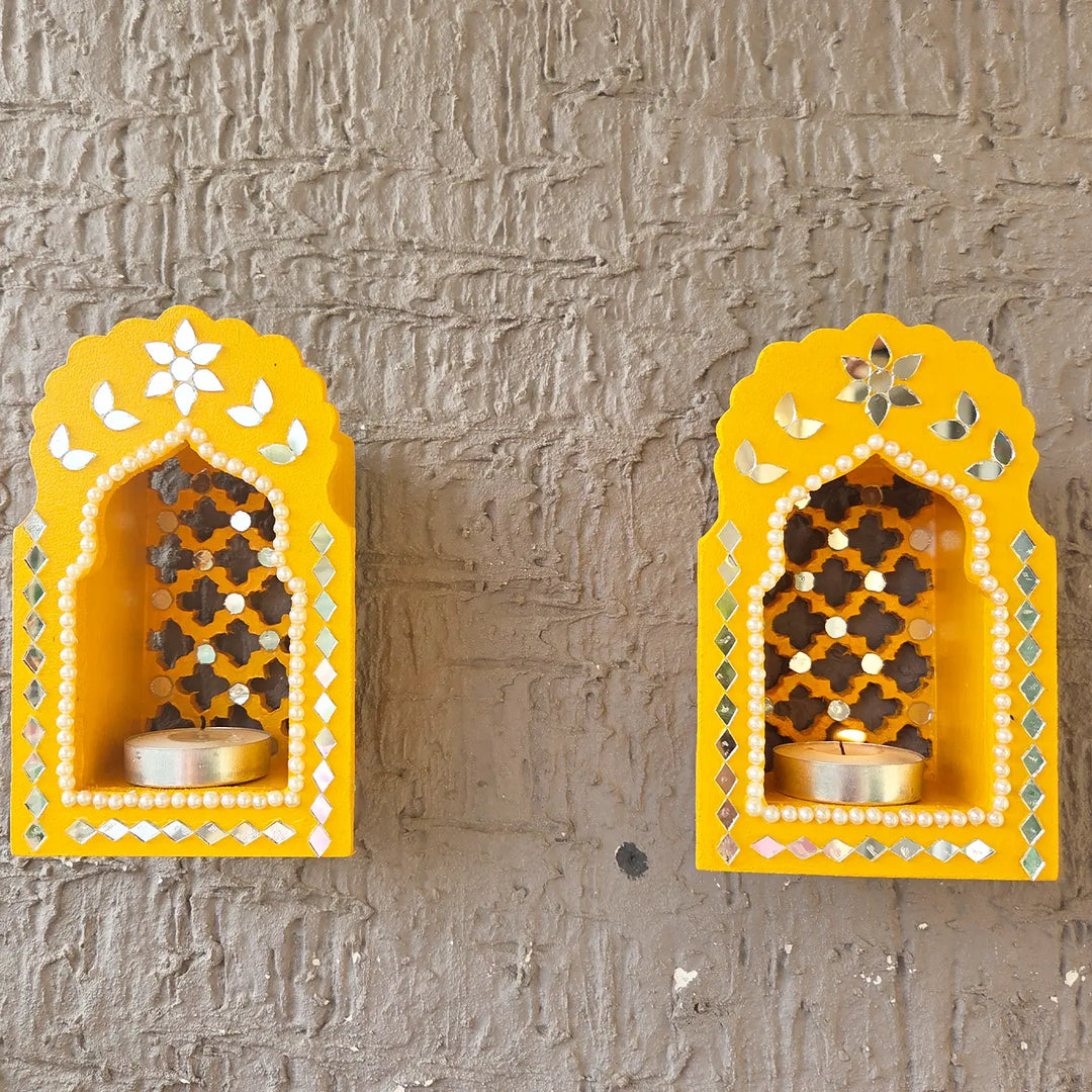Hand-Painted Mirror Work Morrocon Mini Jharokha Tealight Holder | Set Of 2