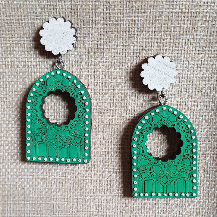 Handmade Beaded Green & White Flower Cut - Out Wooden Earrings