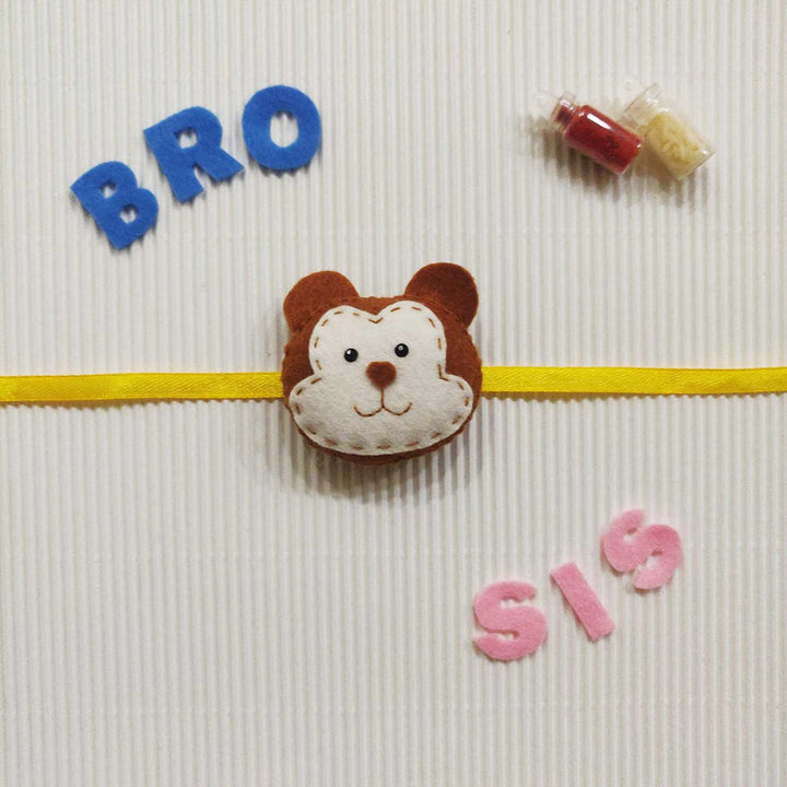 Handmade Monkey Theme Felt Kids Rakhi With Roli Chawal - Front View with Text Decorations