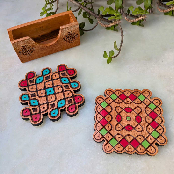 2 pc | Hand-Painted Engraved Mahogany Wood Square Kolam Coasters With Holder For Coffee Table & Dining Decor