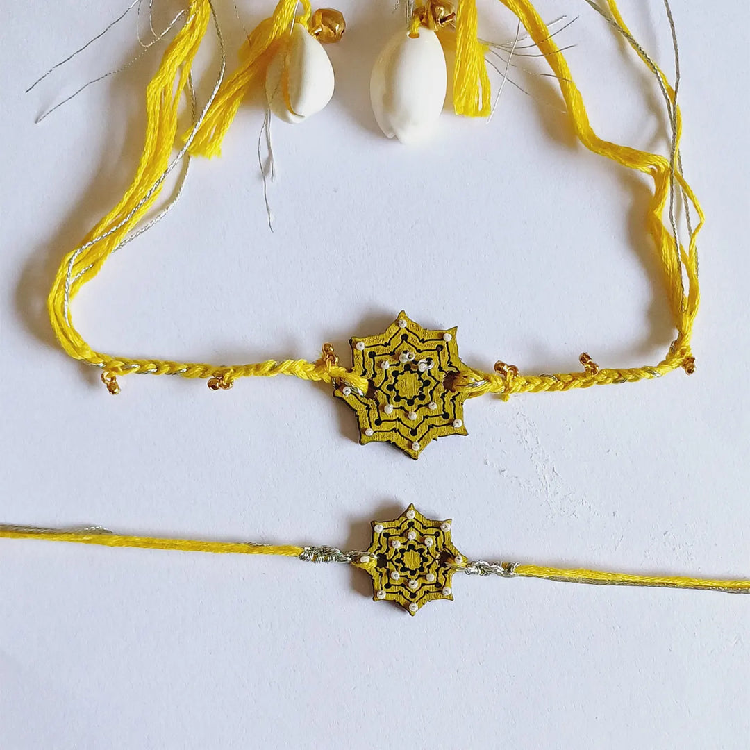 Handmade Reusable Yellow Star Shape Ghungroo & Beads Wooden Bhaiya Bhabhi Rakhi With Roli Chawal
