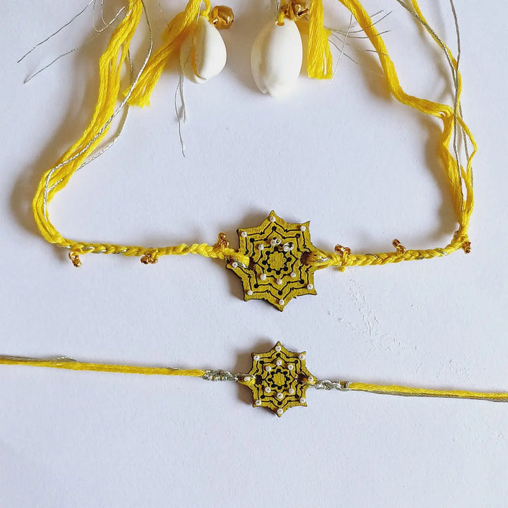 Handmade Reusable Yellow Star Shape Ghungroo & Beads Wooden Bhaiya Bhabhi Rakhi With Roli Chawal