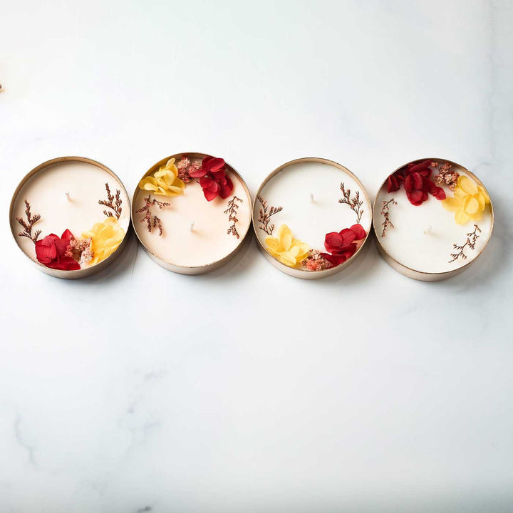 3 Inch | Handmade Copper Finish Urli Scented Candle With Dry Flowers | Set of 4