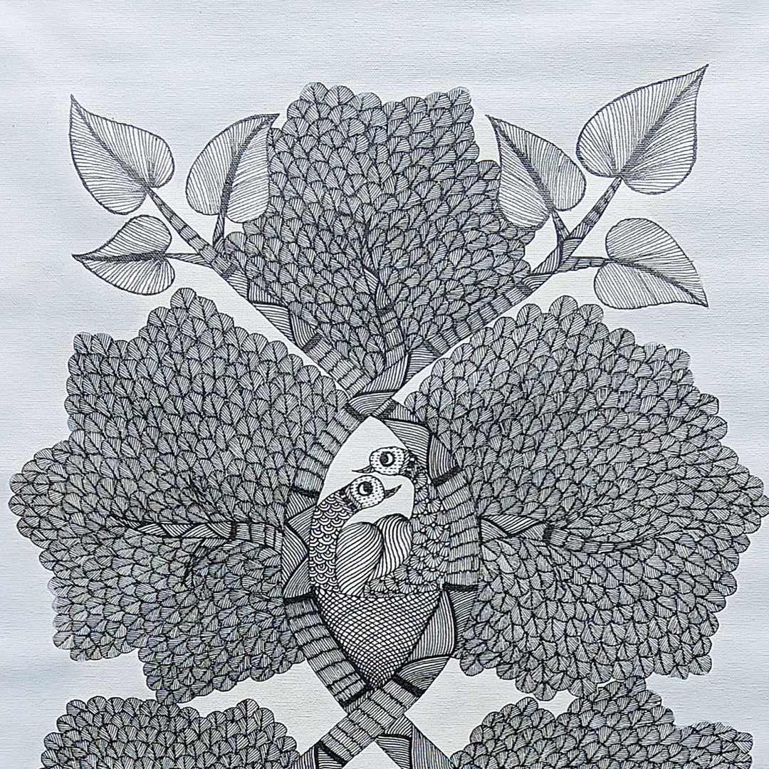 18 x 36 Inch | Hut & Bird | Original Hand painted Tribal Gond Art Painting | Acrylic Paints On Canvas