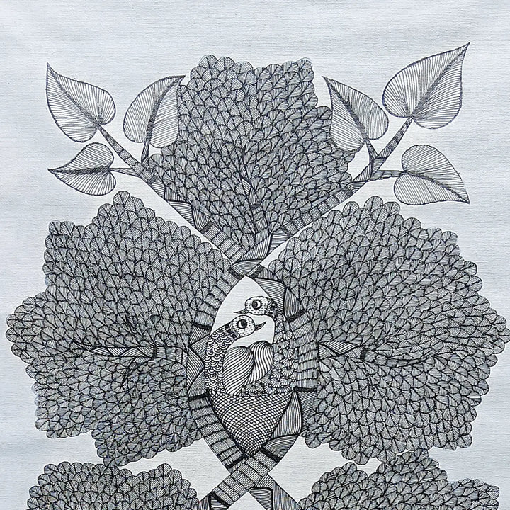 18 x 36 Inch | Hut & Bird | Original Hand painted Tribal Gond Art Painting | Acrylic Paints On Canvas