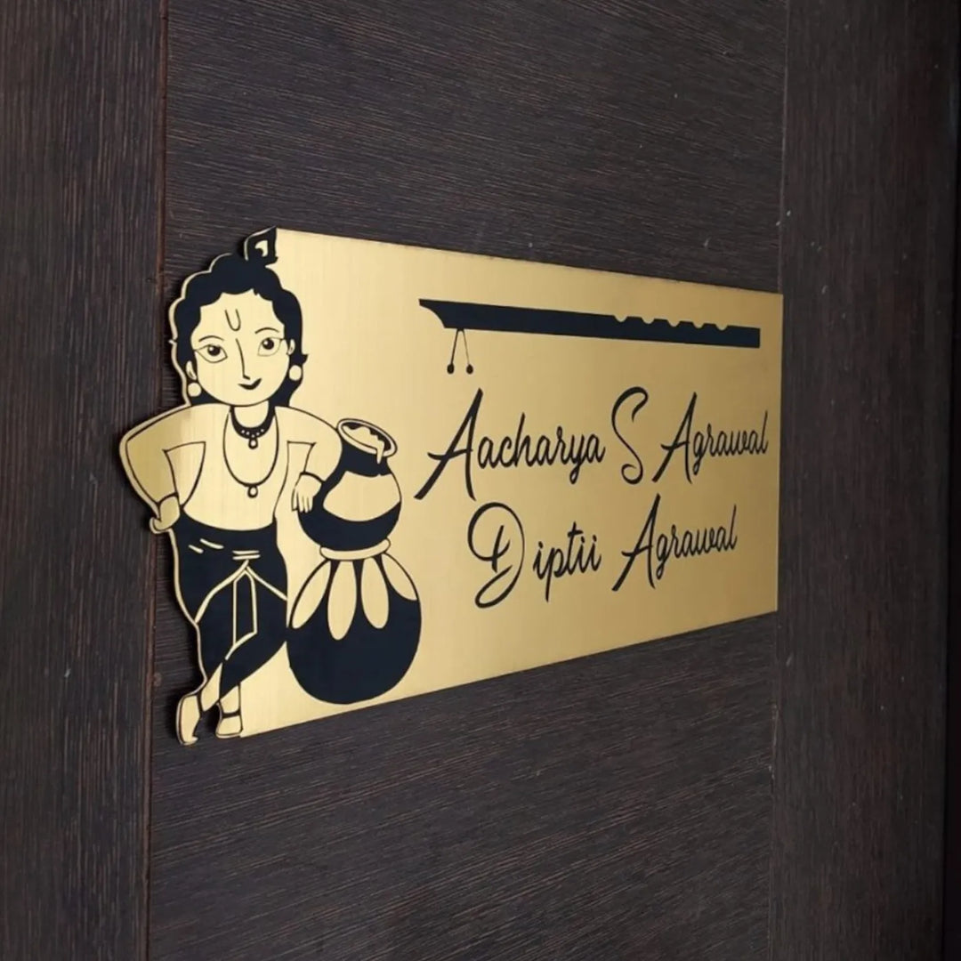 Personalized Krishna Theme Stainless Steel Name Plate