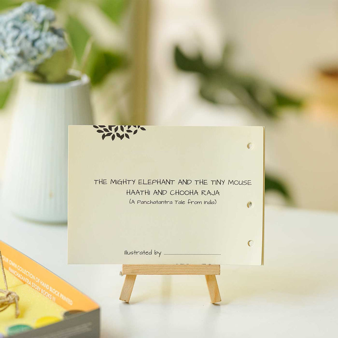 The Mighty Elephant And The Tiny Mouse Panchatantra Block Printing DIY Kit | 5 Stamps, Poster Colours, Painting Brush, Printing Pads, Story Cards  And Jute String