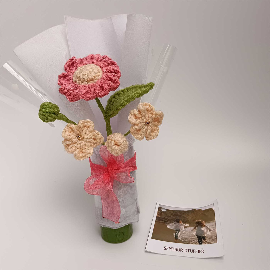 Handmade Crochet Pink & Cream Mini Flower Bouquet | Includes Photo & Greeting Card