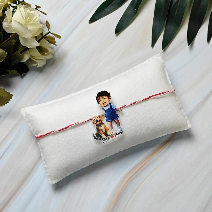Photo Personalized Reusable Caricature Cute Dog & Girl Acrylic Rakhi