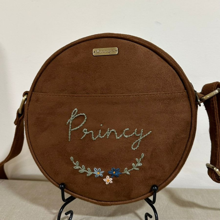 Personalized Embroidered Leafy Tan Stud Round Sling Bag