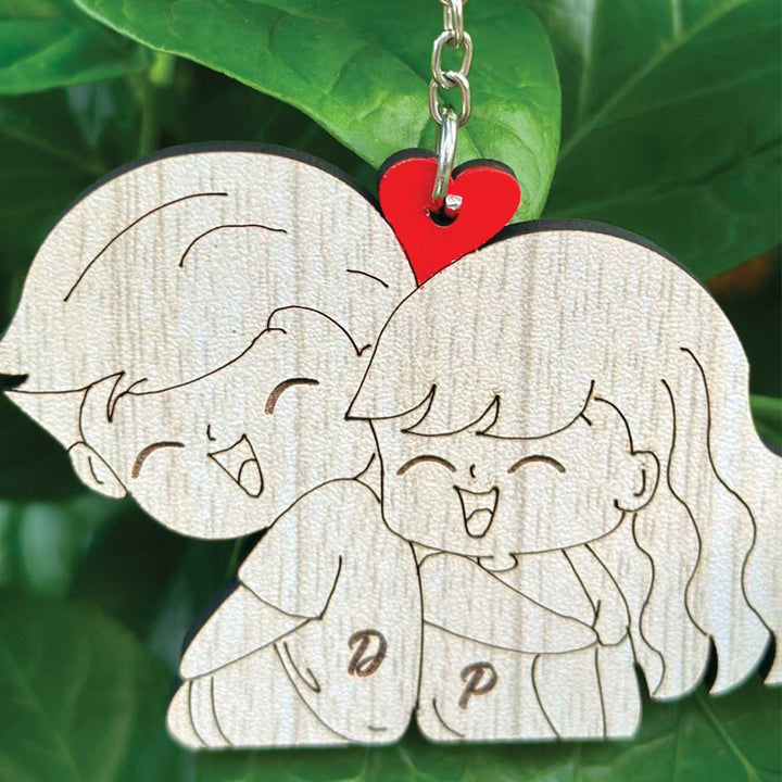 Personalized Cute Couples Theme Wooden Keychain