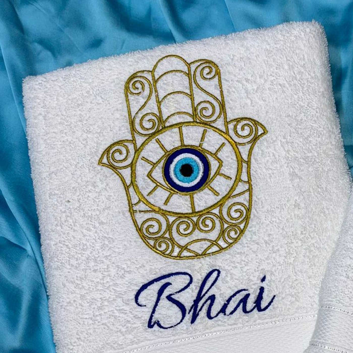 Personalized Embroidered Evil Eye Theme Cotton Bath Towel For Bhaiya And Bhabhi | Set Of 2