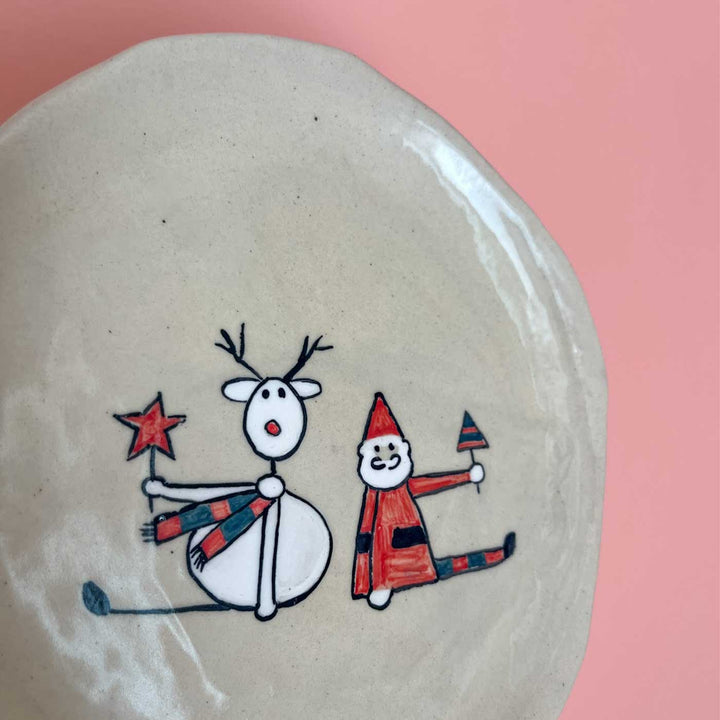 Handmade Christmas Santa & Reindeer Illustration 7 Inch Ceramic Plate | Set Of 2