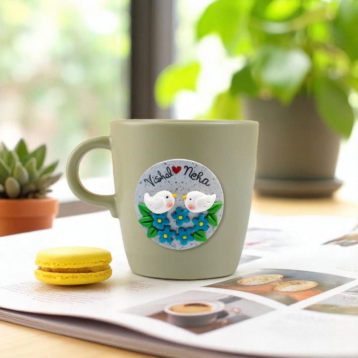 Personalized Love Birds & Flowers Mug With 3D Clay Figurine