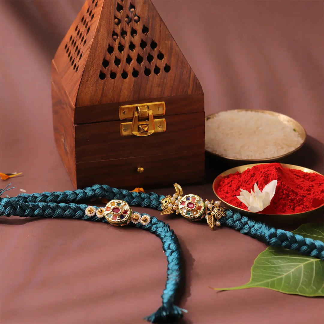 Handmade Navratna Stone Bhaiya Bhabhi Rakhi With Roli Chawal | Set Of 2