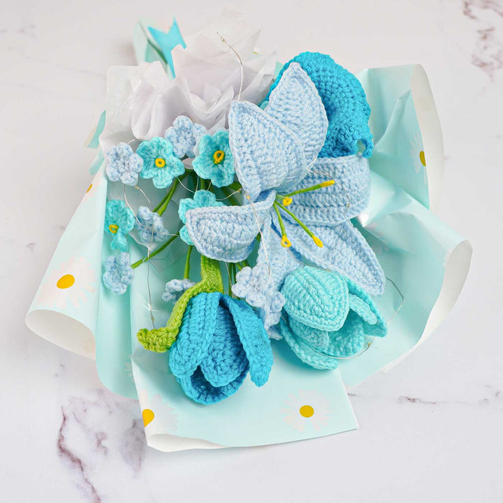 Handmade Crochet Blue Flower Bouquet With Lights