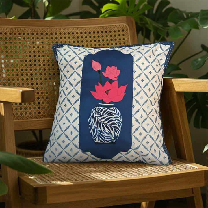 16 Inch | Printed Lotus Blue Pottery Cushion Cover