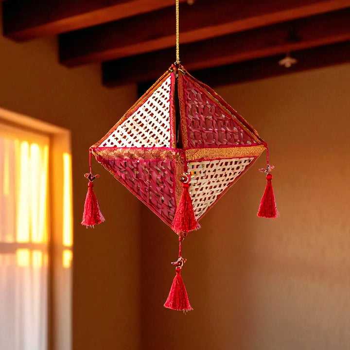 Red Diamond Shaped Handmade Woven Bamboo Zari Border Hanging Lampshade