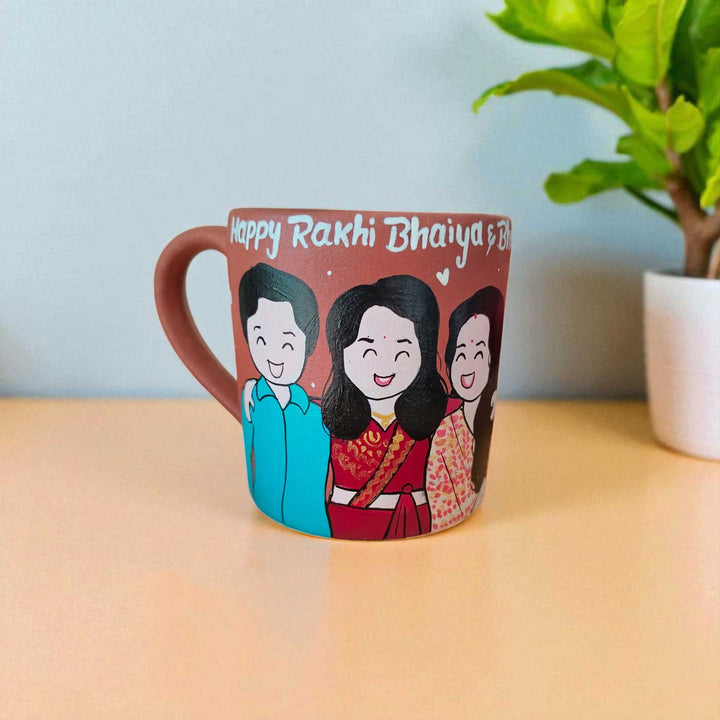 Photo Personalized Hand-Painted Bhaiya And Bhabhi With Sister Terracotta Mug