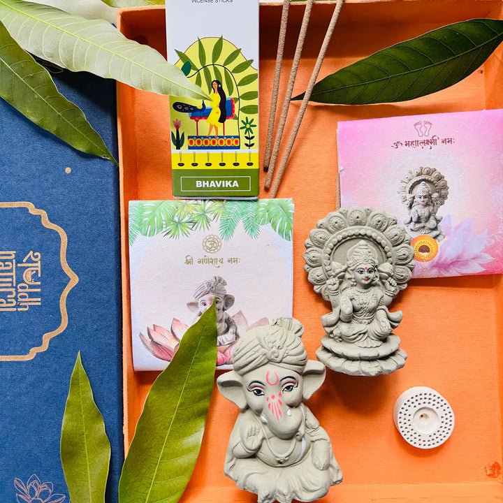 Eco-friendly Diwali Gift Hamper | Includes 1 Plantable Lakshmi Idol, 1 Plantable Ganesh Idol, 1 Incense Pack, 1 Festive Card