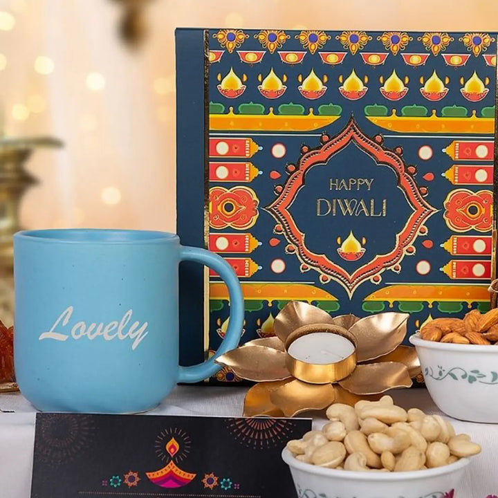 Personalized Diwali Gift Hamper | Includes 1 Ceramic Mug, 3 Dry Fruit Potlis, 1 Golden Diya, 1 Greeting Card