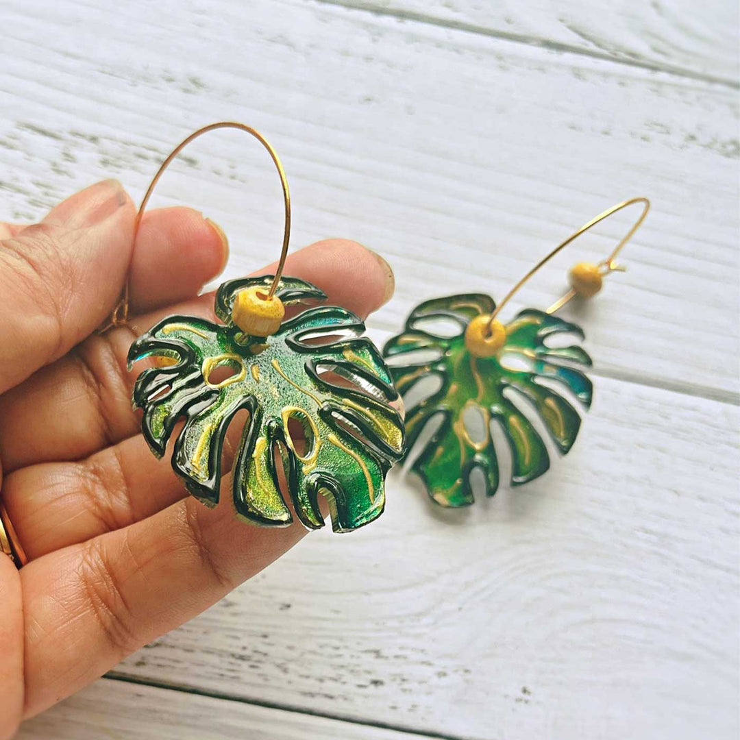 Handmade Laser Cut Monstera Leaf Design Hoop Acrylic Earrings