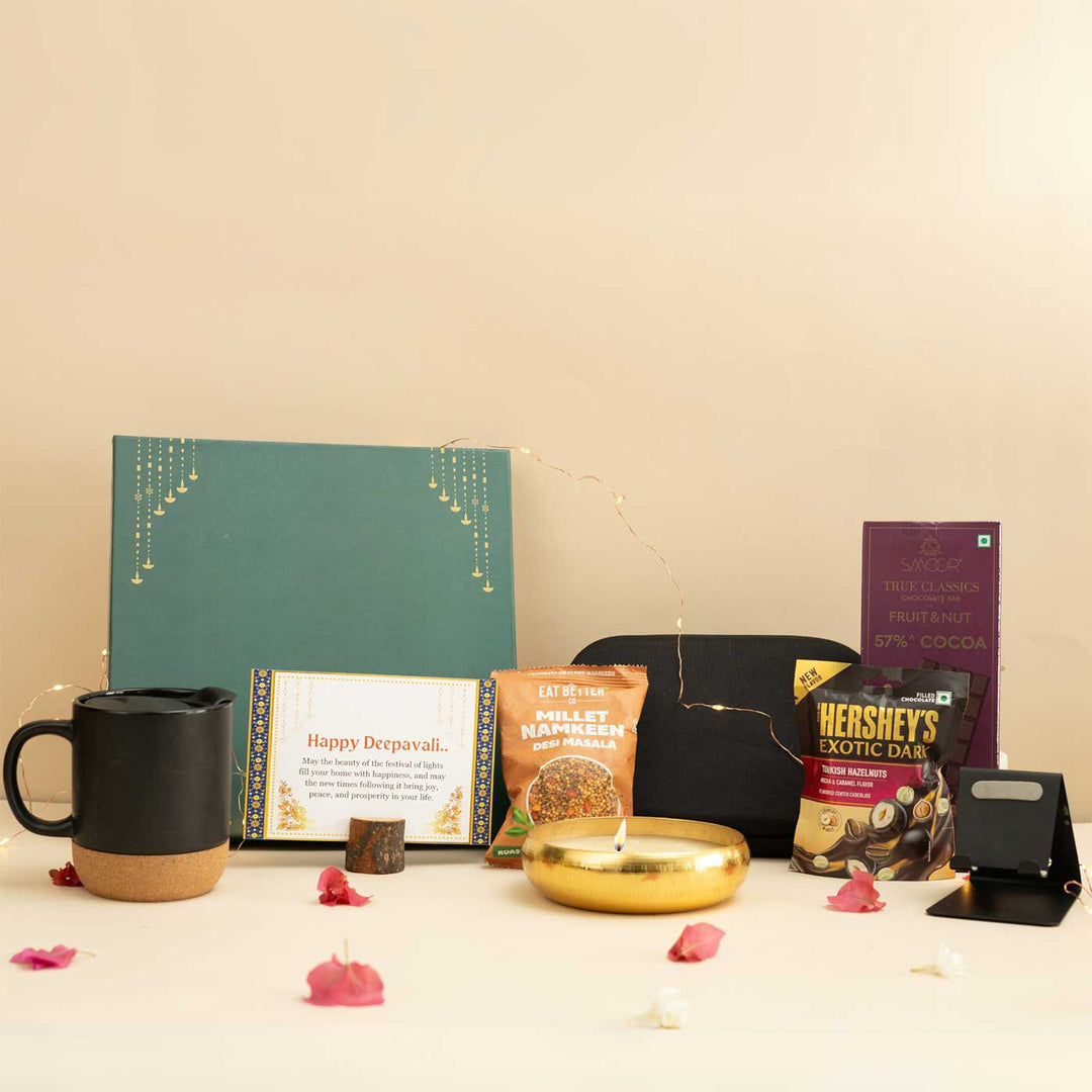 Handmade Neerja Gift Hamper | Includes 1 Mug, 1 Mobile Holder, 1 Pouch, 1 Candle, 1 Namkeen, 1 Chocolate, 1 Smoor Bar, 1 Card And 1 Box