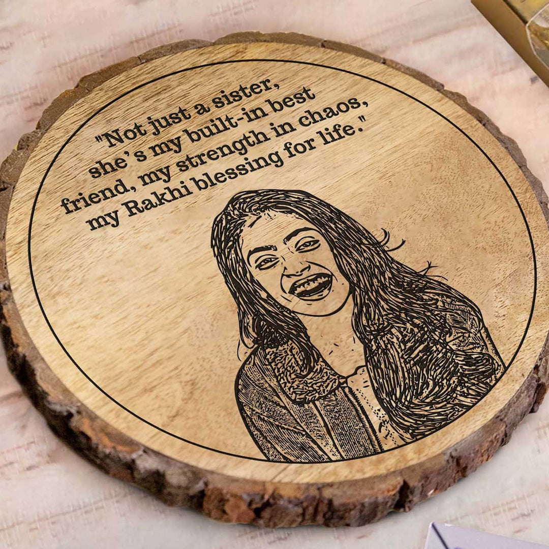 Photo Personalized Engraved Sis Theme Wooden Decorative Plaque Rakhi Hamper | Includes 1 Plaque, 1 Chocolate & 1 Card