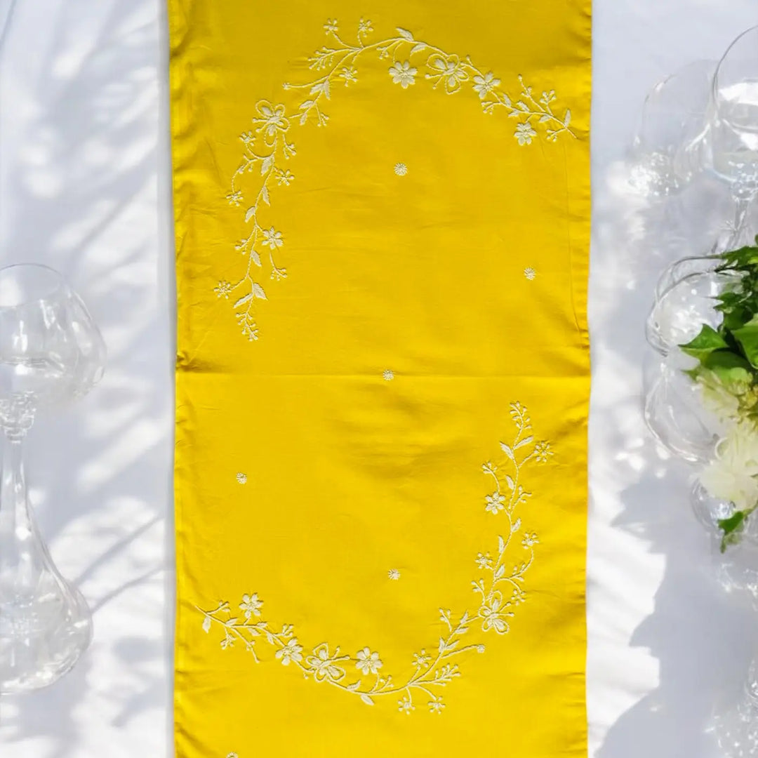 Hand Embroidered Floral Chikankari Cotton Table Runner