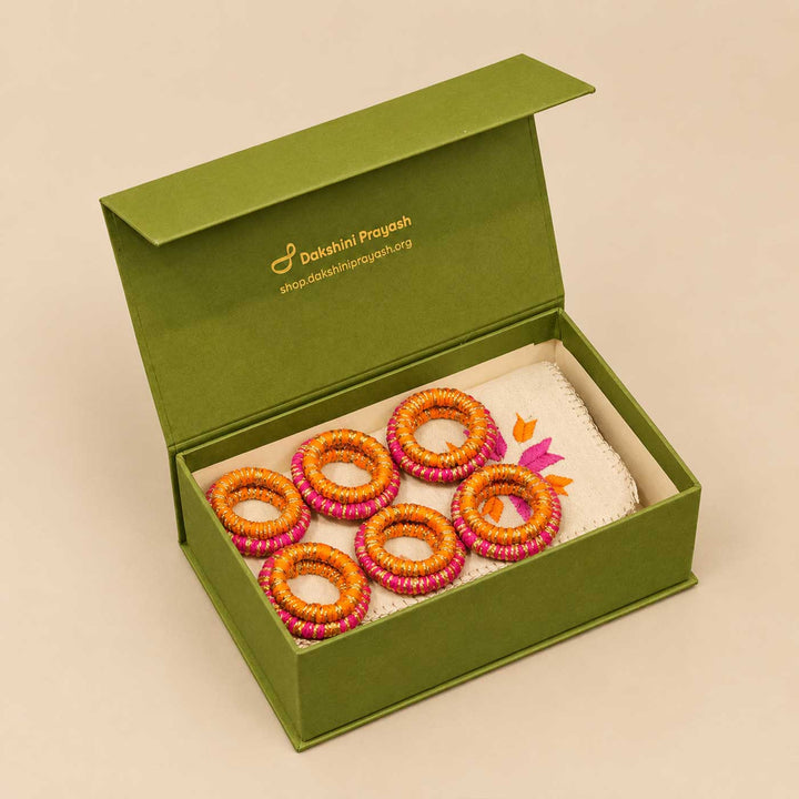 Pink And Orange Phulkari Diwali Embroidered Napkin Set Mini Gift Hamper For Festive Gifting