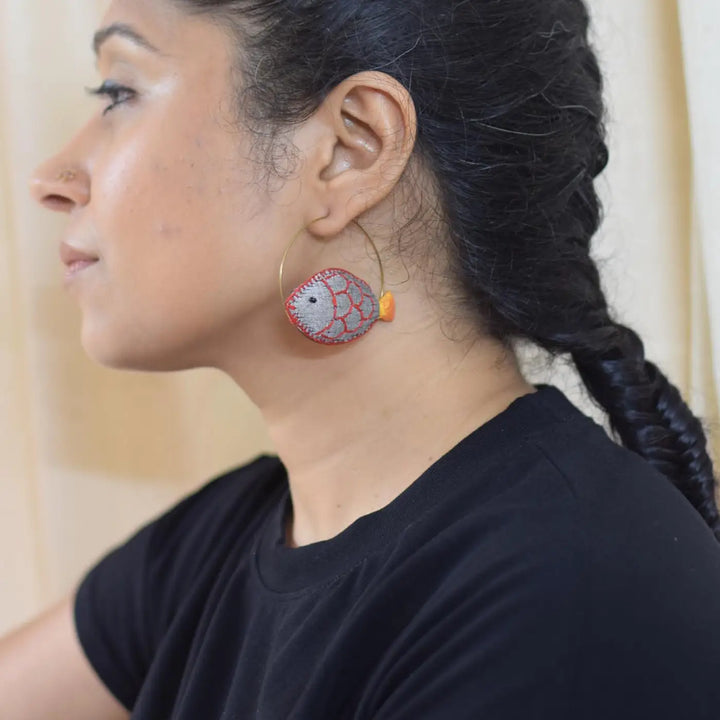 Handmade Textile Art Fish Shaped Hoop Dupion Silk Fabric Earrings