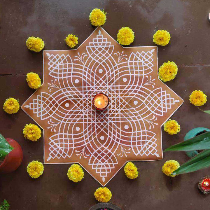 24 x 24 Inch | Hand-Painted Aureya Star Kolam Canvas Reusable Rangoli Mat