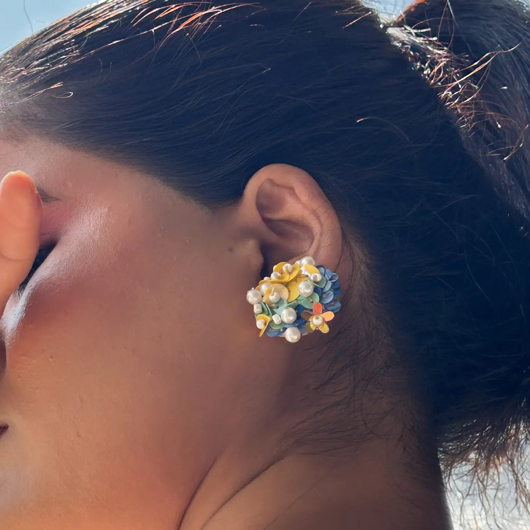 Hand Embroidered Beaded Multicolor Bloom Theme Cotton Earrings