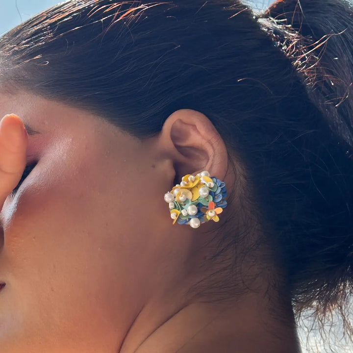 Hand Embroidered Beaded Multicolor Bloom Theme Cotton Earrings