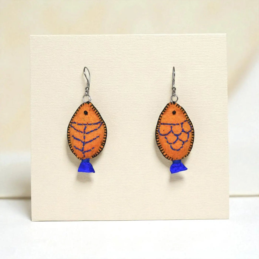 Handmade Textile Art Fish Shaped Hook Dupion Silk Fabric Earrings