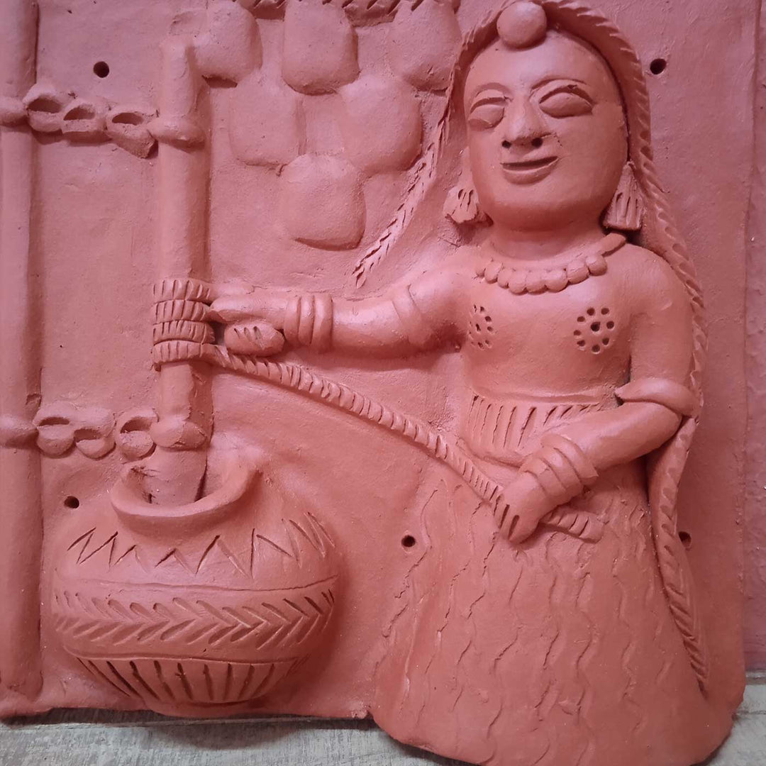 9 x 9 Inch | Women Churning Milk | 3D Handmade Terracotta Molela Mural Wall Art Tile